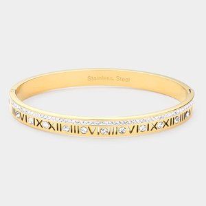 Gold Roman Numeral Rhinestone Stainless Steel Bangle Bracelet